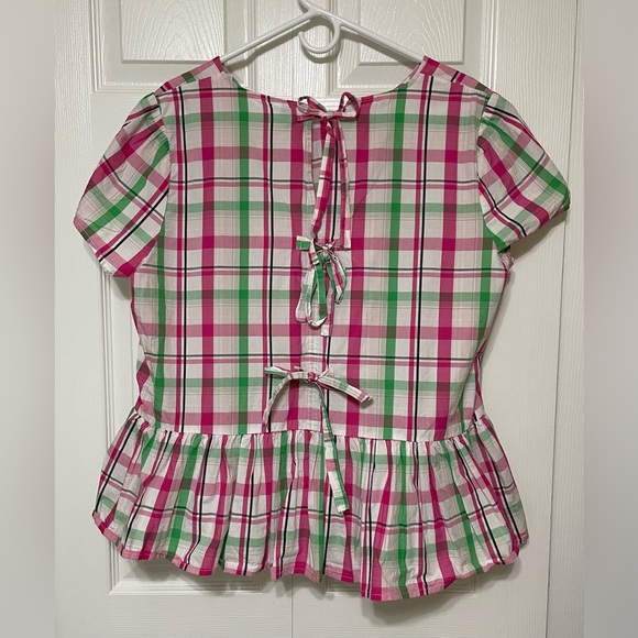 Crown & Ivy Peplum Plaid Top in Pink and Green - Picture 2 of 6